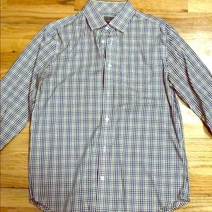 Blue, yellow, and white plaid button down shirt